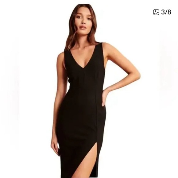 Abercrombie & Fitch Plunge V-Neck Midi Dress Sleeveless Side Slit Crepe Black, S - Picture 3 of 12